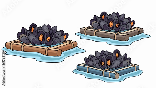 Stylized pixel art of three rafts with mussels floating on water