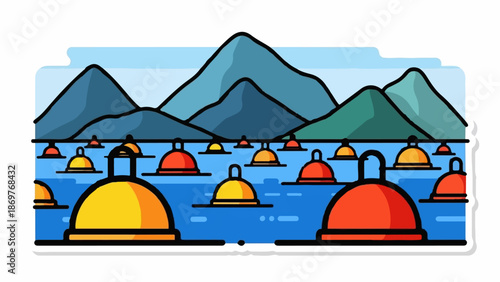 Stylized mountains rise behind a vibrant blue body of water dotted with numerous colorful buoys