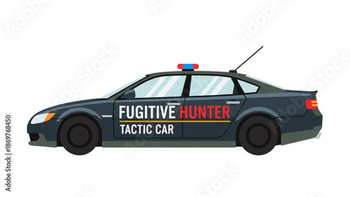 A dark blue tactic car with fugitive hunter insignia on the side, viewed from the left on a white background