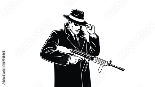 Noir style black and white illustration of a tough detective in a fedora and trench coat holding a large submachine gun.
