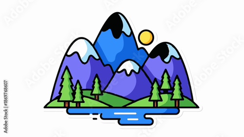 Stylized mountains with a sun, trees, and a body of water