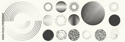 Linear, circular halftone dots circles set, dotted ring and spiral circle shapes for modern design, technology, or motion graphic backgrounds. Dotted round elements, radial spirals, and vortex.
