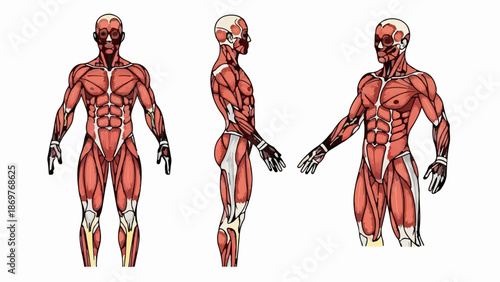 Three anatomical illustrations of the human muscular system