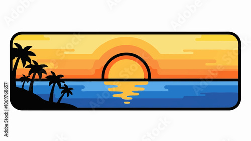 Stylized pixelated sunset over ocean with silhouette palm trees on a tropical island