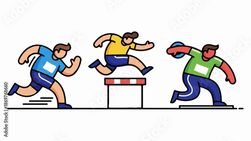 Three athletes race on a white background, one jumping a hurdle, one throwing a discus