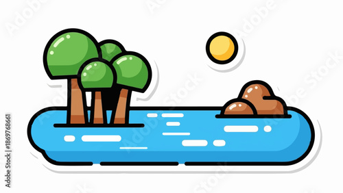 Stylized island with trees, water, rocks, and a sun in a cartoonish style