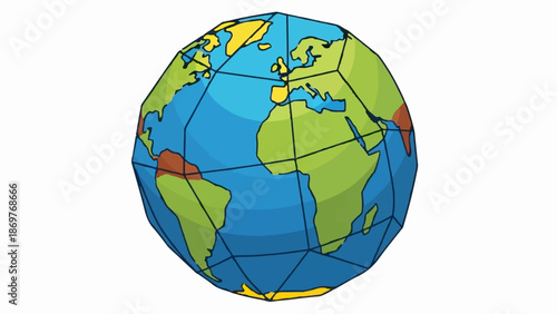 Stylized planet Earth with visible continents and oceans, rendered in bold lines and bright colors