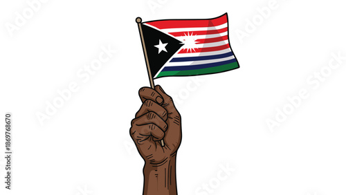 Hand holds a colorful flag with stripes and a central sun emblem against a plain white background in a minimalist style.