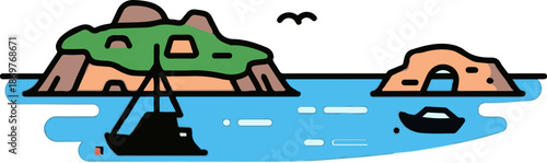 Stylized island scene with a sailboat, a small boat, and a bird in a simplistic cartoon style