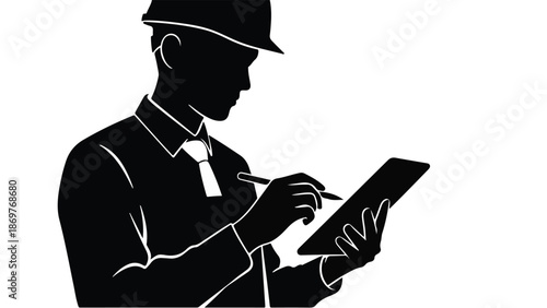 Businessman entrepreneur working on digital tablet computer in modern office setting with stylus pen professional silhouette