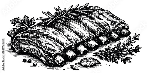 Hand drawn line art illustration of ribs depicting a grilled dish with rosemary and thyme for a restaurant menu