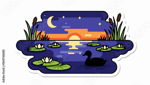 Stylized pond scene with moon, sunset, water lilies, cattails, and a duck