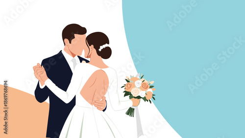 Elegant newlywed couple sharing their first dance together at wedding reception featuring bride in white gown and groom in dark suit.