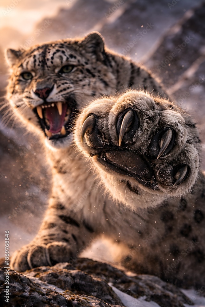 Naklejka premium Majestic Snow Leopard on Himalayan Cliff at Golden Hour
