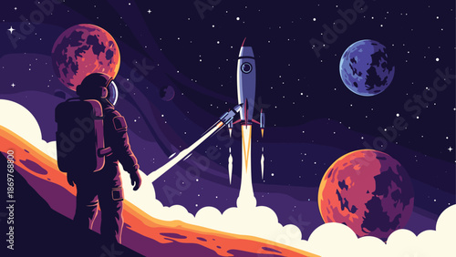 Astronaut on a purple lunar surface watches multiple rockets launch into a space filled with planets and twinkling stars.