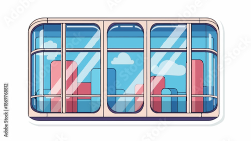 Stylized interior of a retro bus with comfortable seating and large windows showing sky and clouds