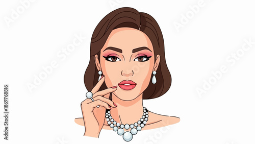 Stylized portrait of a fashionable woman wearing pearl jewelry and makeup