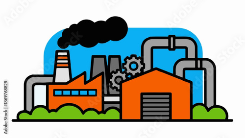 Stylized industrial complex with smoking chimney, gears, pipes, and buildings