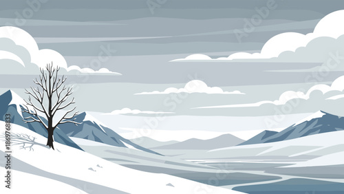 Serene winter landscape with a single bare tree on a snowy hill overlooking a valley and distant snow covered mountains.