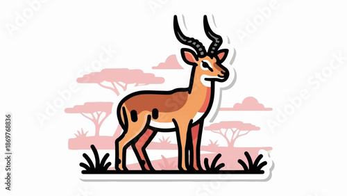 Stylized impala stands on grassy savanna with acacia trees and clouds in background