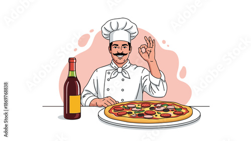 Cheerful Italian chef with a mustache shows an okay hand sign next to a fresh pepperoni pizza and a bottle of red wine.