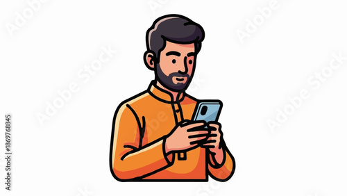 Stylized man in orange garment with beard, using mobile phone, cartoonish