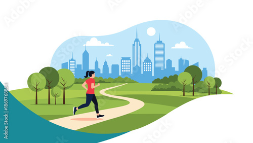 Healthy female athlete runs along scenic trail in lush urban park with tall city buildings under bright sun for morning workout.