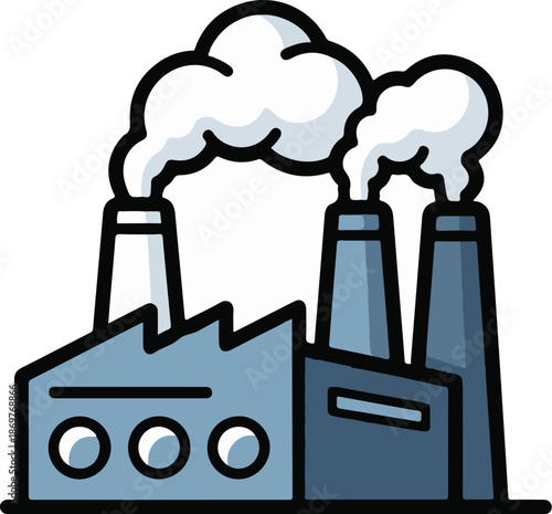 Stylized industrial factory with smoke plumes rising from tall chimneys, emitting pollution