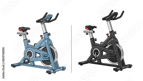 Two modern indoor cycling bikes in blue and black colors are displayed side by side against a clean white background.