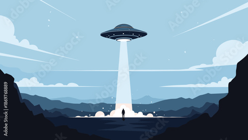 Flying saucer hovers over dark mountain valley while projecting bright beam of light toward tiny human figure on distant horizon.