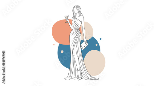 Elegant woman in a long white evening dress holds a glass of champagne against a background of soft abstract colored circles.
