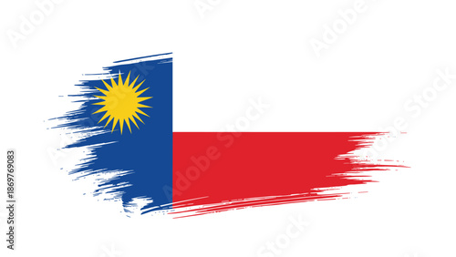 National flag of Malaysia presented with artistic red and white brush strokes and blue canton with yellow sun and crescent.