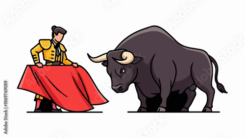 Stylized matador in yellow and red confronts a dark bull