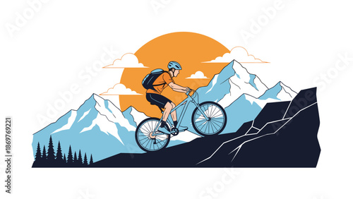 Athletic mountain biker riding up steep rocky slope against sunset and snowy blue mountain peaks in wilderness landscape.