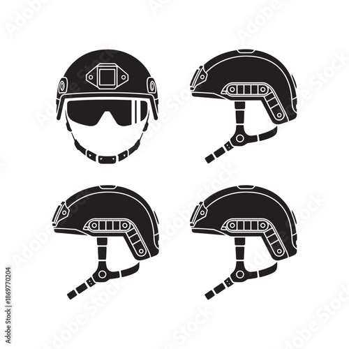 Four distinct black and white silhouettes of modern military combat helmets
