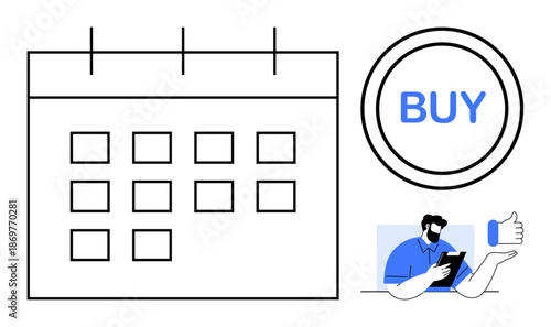 E-commerce, online shopping, financial planning, scheduling, consumer engagement, product purchase. Calendar, buy button person holding tablet with thumbs-up icon. E-commerce and online shopping