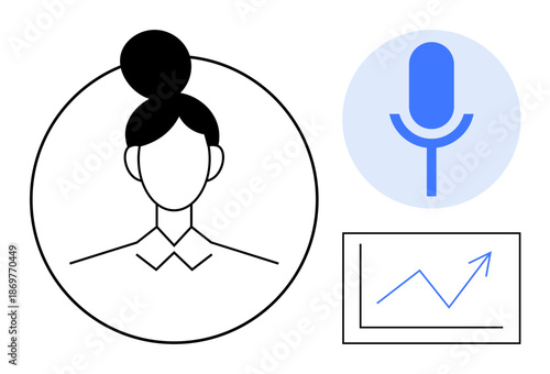 Voice technology, digital communication, analytics, podcasting, AI applications, data visualization. User profile with a microphone icon and upward graph. Voice technology and analytics