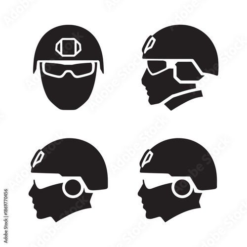 Stylized depictions of military and tactical helmets in a black and white design