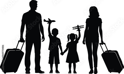 Family travel silhouette with parents and children carrying suitcases and toy planes for airport vacation journey and summer holiday tourism