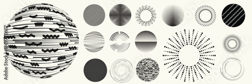 Linear, circular halftone dots circles set, dotted ring and spiral circle shapes for modern design, technology, or motion graphic backgrounds. Dotted round elements, radial spirals, and vortex.
