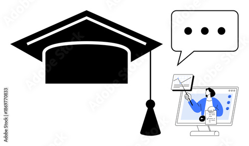 Online education. Symbols of a graduation cap, virtual lecture, and speech bubble online education. Online education impacts learning trends, e-learning, academics, and remote study. Concepts digital