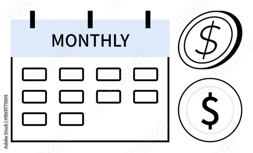 Financial planning, subscription services, budgeting, billing cycles, recurring payments, cost management. Calendar labeled Monthly and two dollar symbols. Finance and subscription services concept
