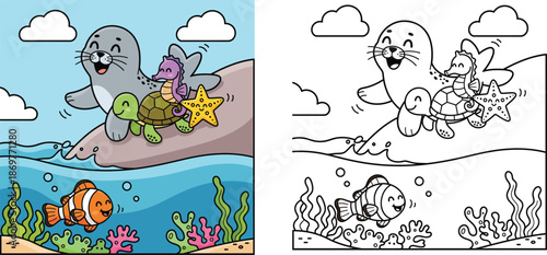 Cute Cartoon Sea Animals with Seal Turtle Seahorse and Starfish on Rock Above Water and Clownfish Swimming Under Sea