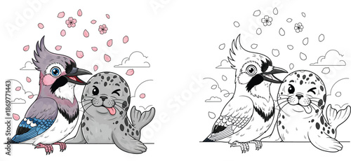 Cute Cartoon Blue Jay and Spotted Seal Playing Together with Falling Pink Cherry Blossoms and Petals Spring Season