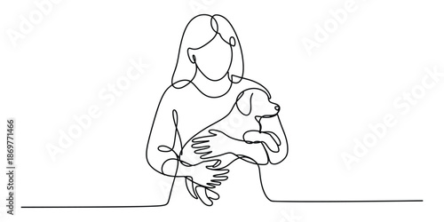 Continuous line art of a person affectionately holding their beloved pet dog