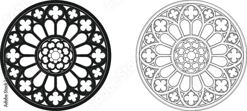Gothic rose window architectural ornament set with black silhouette and linear outline for cathedral church design history and medieval art