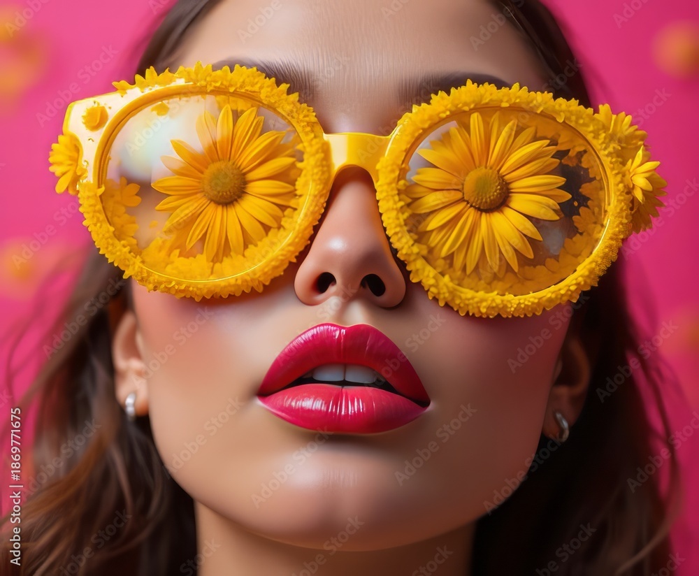 Fototapeta premium primer plano de una mujer con labios brillantes y brillantes y gafas enormes adornadas con vibrantes margaritas amarillas.