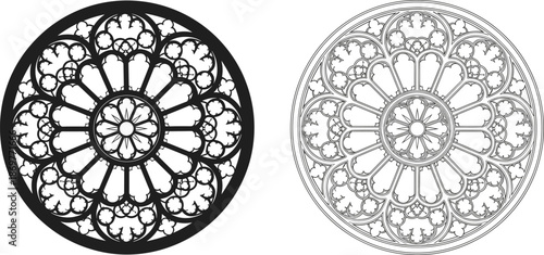 Intricate Gothic rose window architectural ornament set with black silhouette and linear outline for cathedral church design and medieval art
