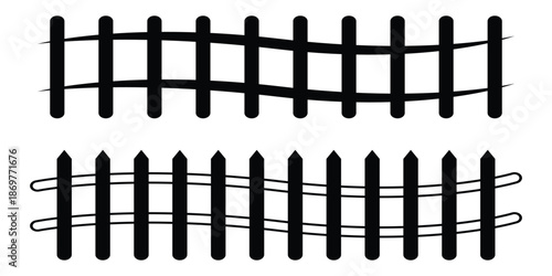 Set of Wooden Picket Fence Icons, Outline, Silhouette, Hand-Drawn and Flat Color Vectors, Classic Garden Boundary and Home Barrier Symbol