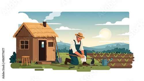 A dedicated farmer diligently tending to his flourishing crops in a sun-drenched rural field, embracing the simple yet rewarding life of agriculture and self-sufficiency